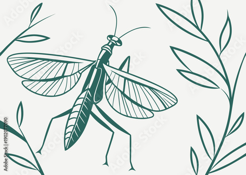 Praying Mantis Illustration: An artistic depiction of a praying mantis, elegantly illustrated with flowing lines, against a clean backdrop, accentuating its intricate details and unique form.