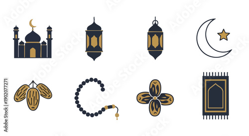 Icônes du Ramadan Minimalistes au Charbon et Or