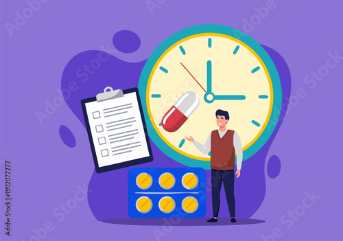 Vector illustration of a person managing medication time with a clock, checklist, and pills