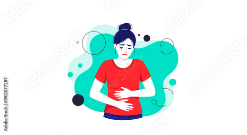 Digestive problems vector illustration of a sad woman experiencing abdominal pain, concept of discomfort