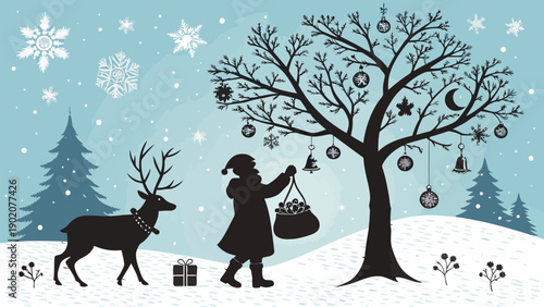 Santa claus decorates christmas tree with gifts and reindeer in snowy winter landscape at night