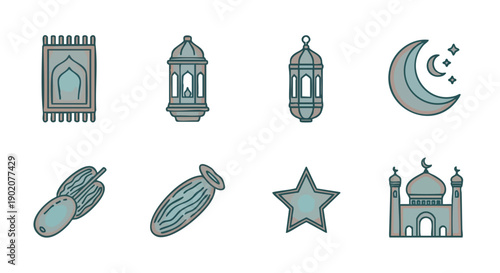 Icônes Minimalistes du Ramadan Sarcelle et Cuivre