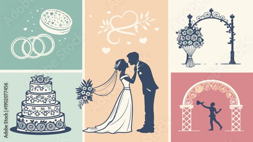 Wedding vector graphics bundle with bride groom silhouette rings cake arch love heart