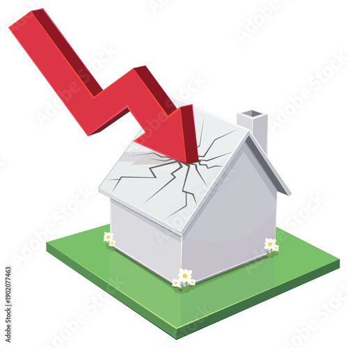 3D isometric house being crushed by a falling red arrow representing financial crisis, housing bubble burst, mortgage failure, and declining property market values (cut out)