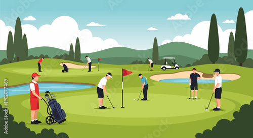 Golf course scene with players on green, putting, driving, and a golf cart a vibrant vector illustration