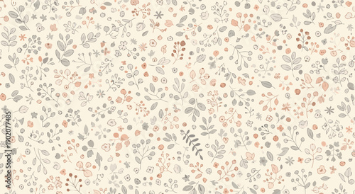 Charming seamless pattern vector illustration of tiny wildflowers and botanical elements on a soft cream background