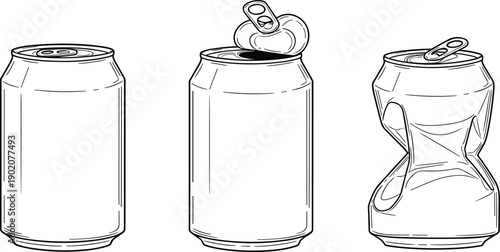 Black and white illustration of beverage cans showing unopened, opened, and crushed stages, lifecycle design concept for recycling and packaging graphics