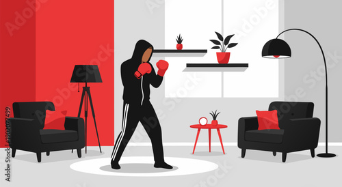 Dynamic vector illustration of a person boxing in a modern living room setting, perfect for fitness and lifestyle content