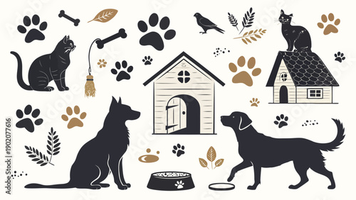 Vector pet silhouette bundle featuring dog breeds and cat icons with houses and accessories on white background