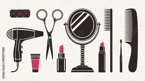 Beauty salon tools silhouette set including scissors comb hair dryer lipstick and makeup brush on white background for design