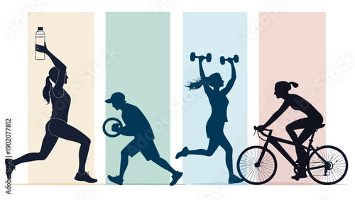 Fitness lifestyle silhouette bundle with yoga pose and exercise icons for healthy living and wellness