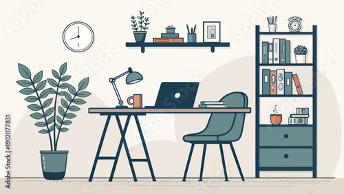 Home office setup with laptop desk chair bookshelf plant and clock on wall for remote work and productivity