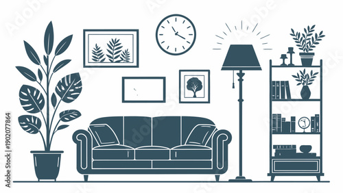 Modern living room interior with sofa lamp bookshelf plant and decor on white background home silhouette set