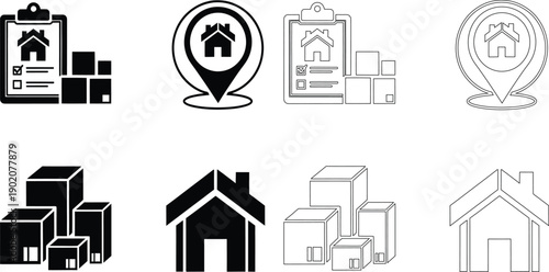 Real Estate House Moving Boxes and Location Pin Icons Set