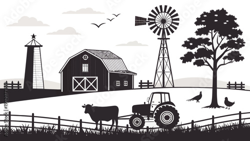 Farm life silhouette with barn tractor windmill cow and fenced fields under cloudy sky