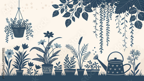 Silhouette of potted plants and hanging flowers with watering can garden tools and lush foliage on neutral background