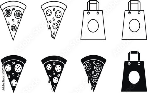 Modern minimalist collection of pizza slices and takeaway bags in outline and solid fill, ideal for food service and delivery app icons