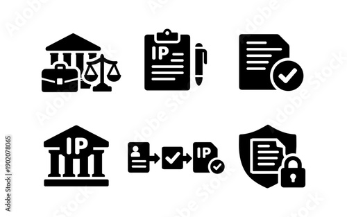 Intellectual property law icons representing legal process, registration, and protection