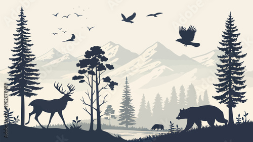 Wildlife silhouettes with deer bear and birds in forest landscape with mountains