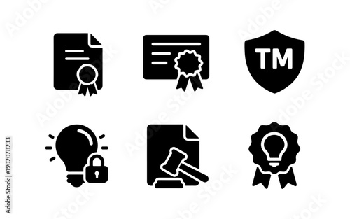 Intellectual property icons: trademark, patent, copyright, and innovation symbols