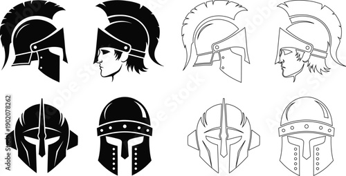 Collection of ancient warrior helmets and armored head profiles, depicting historical protection, strength, and iconic military valor