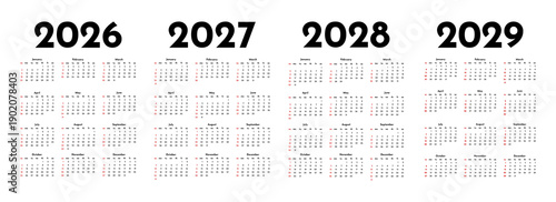 Set of calendars for 2026, 2027, 2028 and 2029 on a white background