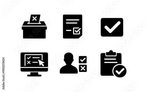 Collection of six black icons representing voting, surveys, and decision-making processes