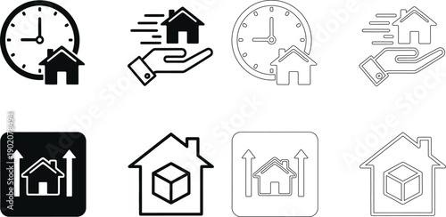 Real Estate Property Management and Delivery Service Vector Icons Set Illustrating Timely Transactions, Growth, and Moving Concepts