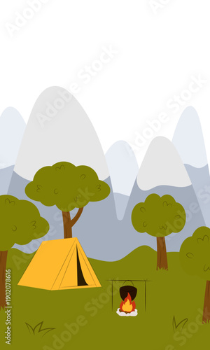 Flat vector illustration of camping outdoors. Mountains, campfire, tent, nature, camper, trees, coffee, backpack, guitar, kettle, boiler, tea, silence, calm, peace, marshmallows on fire