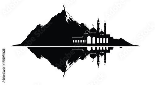 Mosque silhouette reflected in water with mountains in the background