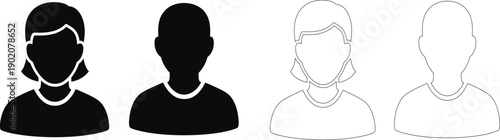Generic vector user profile icons simple black silhouettes and outline designs for male and female avatars, perfect for app and web interface elements