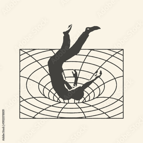 Abstract black silhouette of a person falling into a surreal vortex, representing existential crisis, loss of control, or psychological struggle in a minimalist graphic style.