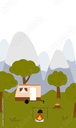 Flat vector illustration of camping outdoors. Mountains, campfire, tent, nature, camper, trees, coffee, backpack, guitar, kettle, boiler, tea, silence, calm, peace, marshmallows on fire
