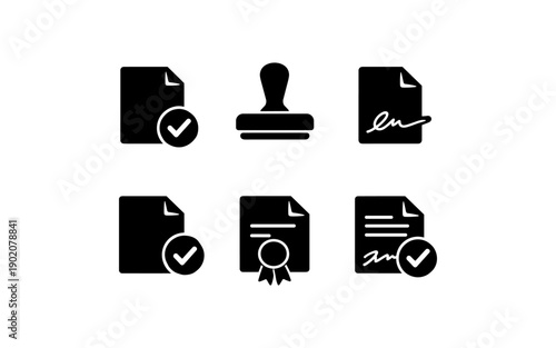 Collection of document icons representing approval, signature, and certification for business