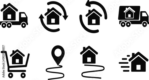 Collection of diverse house and property management icons representing moving, relocation, delivery, and real estate services in a clean vector style