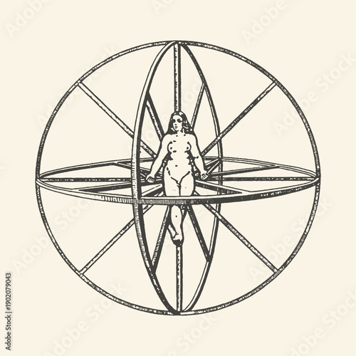 Vintage engraving of a nude woman in a geodesic sphere symbolizing cosmic harmony, human potential, and scientific exploration.