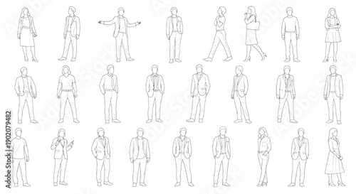 CAD People Outlines Vector Set with Walking and Standing Human Figures Isolated on White Background