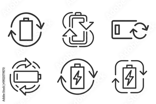 Set of six modern outline icons representing battery charging, recycling, and power status with arrows.