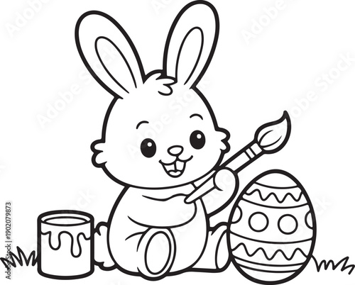 Adorable cartoon bunny rabbit happily painting a decorated Easter egg with a brush and paint can