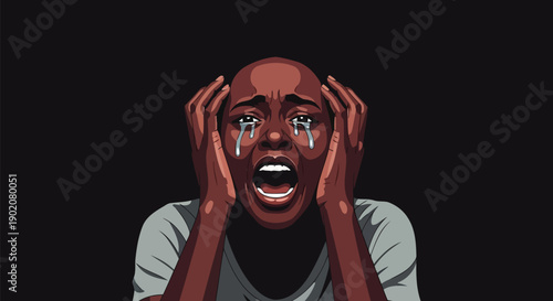 Shocked Black woman crying in deep despair vector pop art illustration