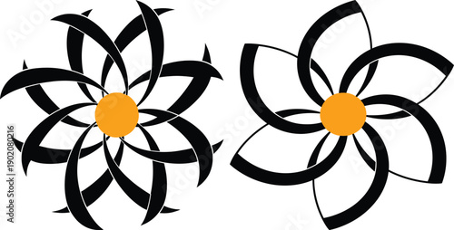 Two stylized floral designs with intricate petal patterns and central orange circles