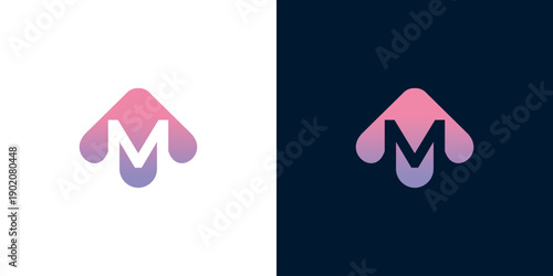 Abstract upward arrow logo design with gradient M letter on white and dark background