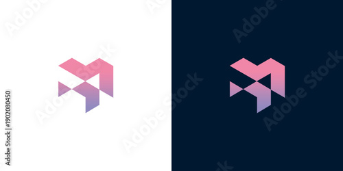 Abstract geometric letter M logo design in shades of pink and purple, presented on white and dark blue backgrounds, showcasing a modern and minimalist aesthetic for branding