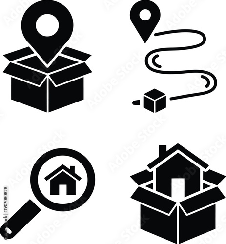 Set of four icons representing logistics, moving, and delivery services with stylized boxes and a map marker