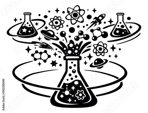 Graphic line art illustration of a science flask depicting an eruption of scientific and space elements for discovery and innovation