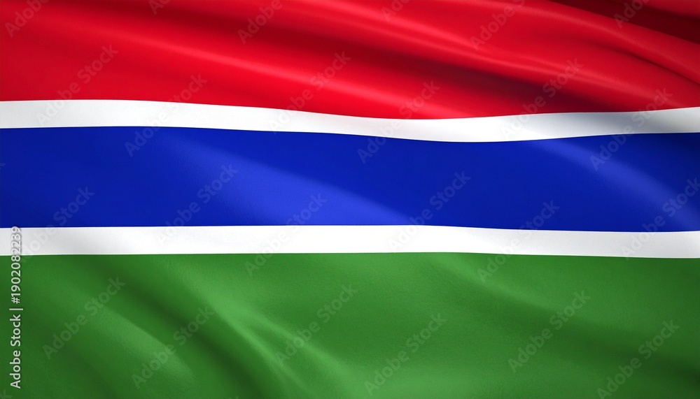 Obraz premium The Gambia national flag with red, blue, white, and green stripes waving against sunset and mountains.