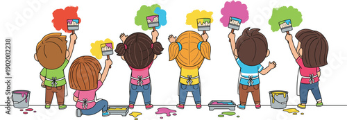 Cute kids painting colorful wall with brushes and paint buckets back view cartoon vector