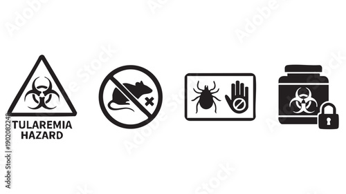 Tularemia hazard symbol and icons for rodent and tick transmission and avoidance