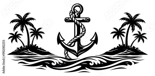 Stylized illustration of a nautical anchor depicting tropical islands and waves for summer vacation designs