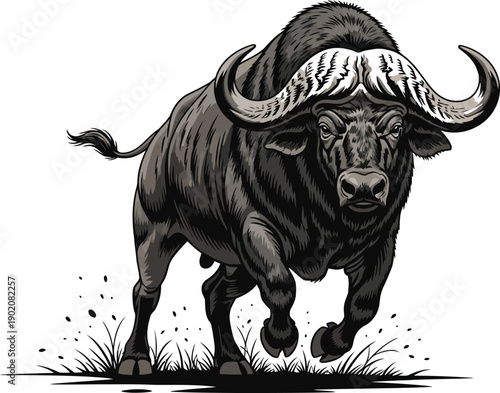 A powerful black bull charging forward isolated on transparent background